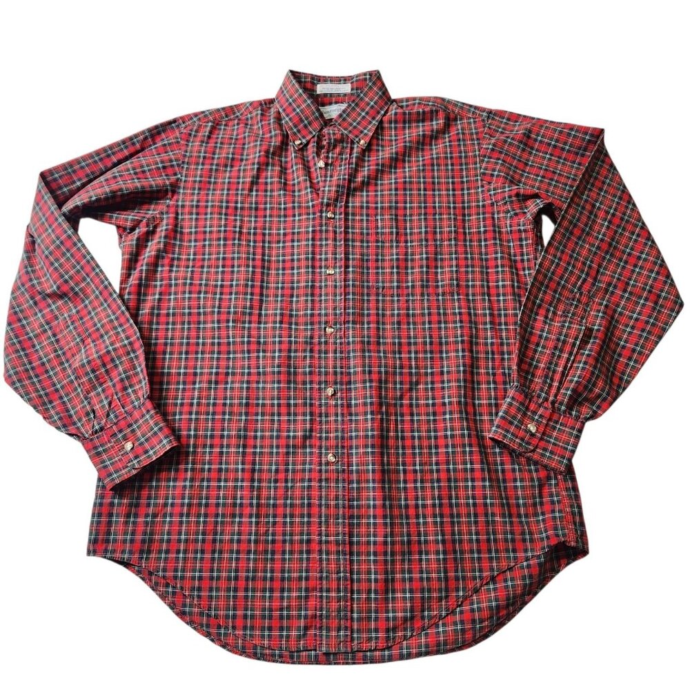 Vintage Huntington Button Down Shirt Mens Red Plaid Size 15.5-35 Long Sleeves